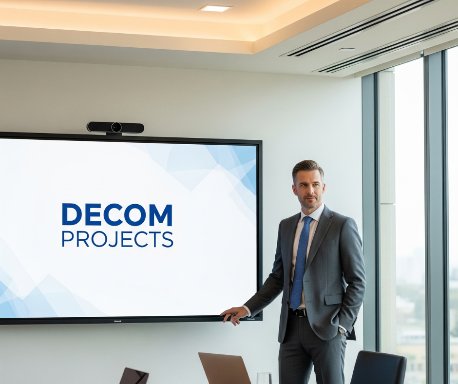 Business professional presenting DECOM Projects on a large screen during a corporate meeting in a modern office